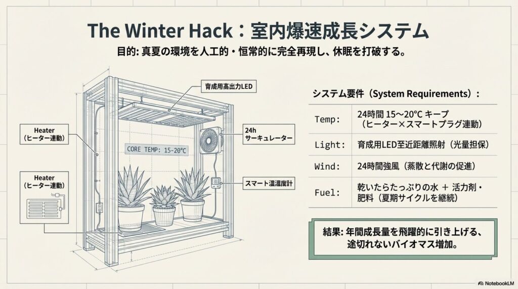 ヒーターと高出力LEDを連動させてアガベの休眠を打破する室内爆速成長システム