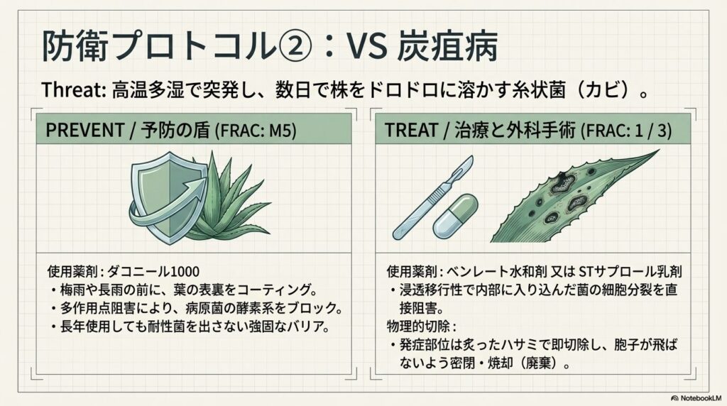 アガベの葉に発生した炭疽病の病斑と、保護殺菌剤・治療薬・物理的切除による防衛プロトコル