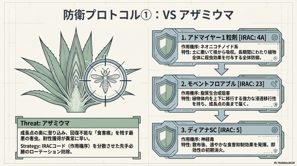 アガベの成長点に潜むアザミウマに対するIRACコードに基づいた殺虫剤のローテーション防除