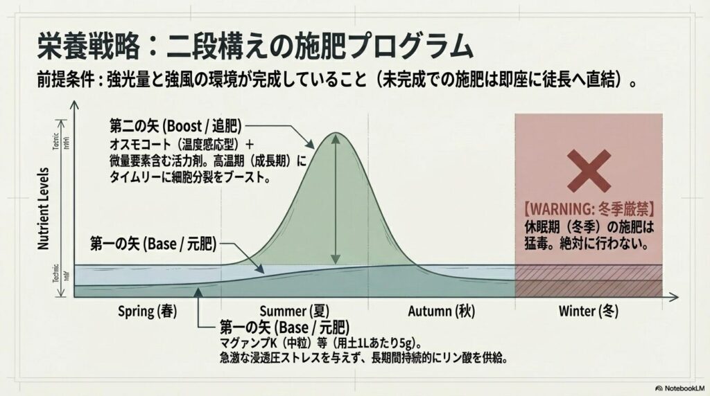 春から秋の成長期における緩効性肥料と温度感応型肥料を用いた二段構えの施肥プログラム