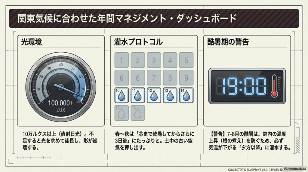 10万ルクス以上の直射日光と、関東の猛暑を避けた夕方以降の水やりを推奨する年間マネジメントダッシュボード