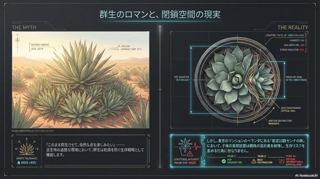 アガベの自生地での群生と鉢植え環境で子株を放置するリスクの比較