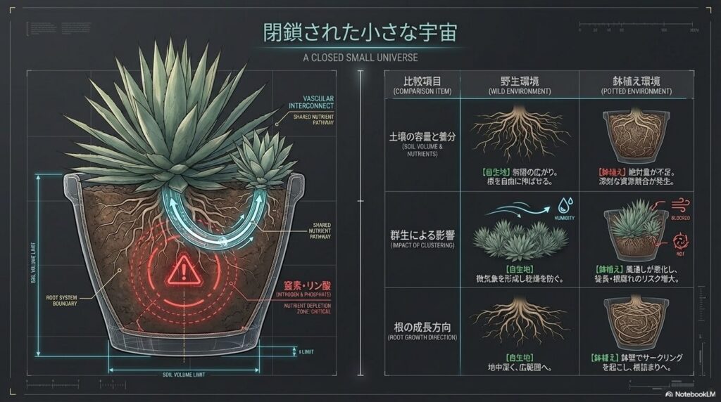 アガベの子株を鉢植えで放置した際に発生する養分や水分の深刻な資源競合
