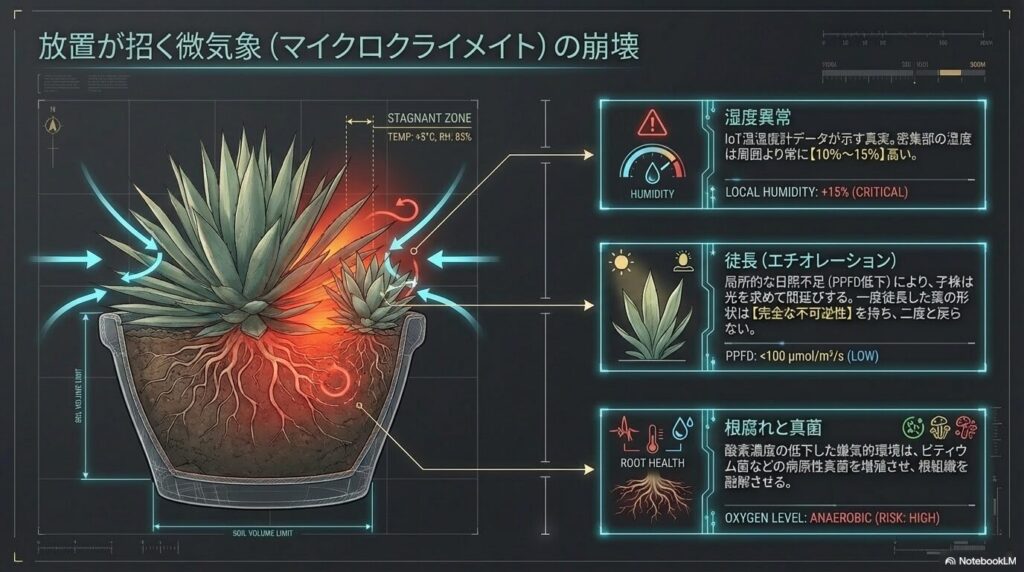 アガベの子株を放置することで生じる鉢内の湿度異常や徒長および根腐れのメカニズム