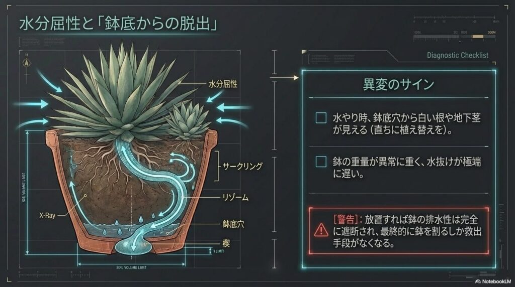 水分屈性によりアガベの子株が鉢底から飛び出すサークリング現象と放置の危険性