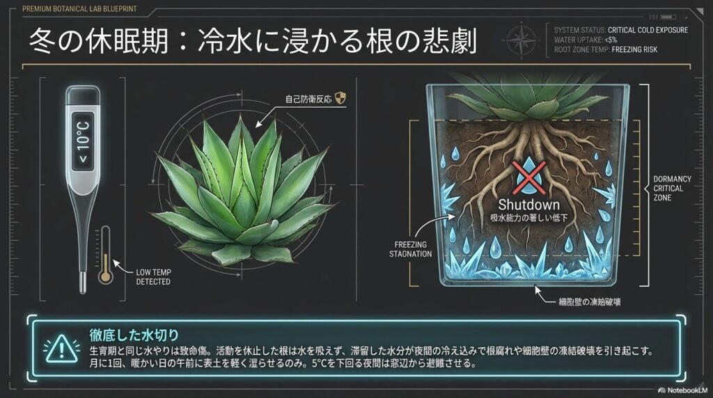 冬の休眠期にアガベの子株を放置して水を与えすぎた場合の根腐れや凍結ダメージ