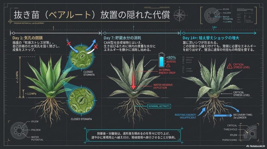 抜き苗状態でアガベの子株を長期間放置した際の乾燥ストレスと発根エネルギーの枯渇