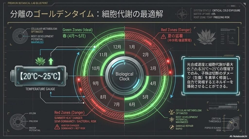 アガベの子株を外すのに最適な春と秋の気温20度から25度における細胞代謝サイクル