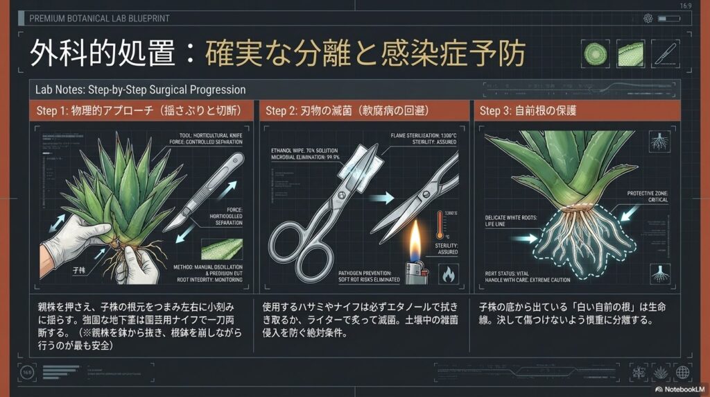ハサミの滅菌消毒とアガベの子株を安全に切り離すための外科的処置の手順