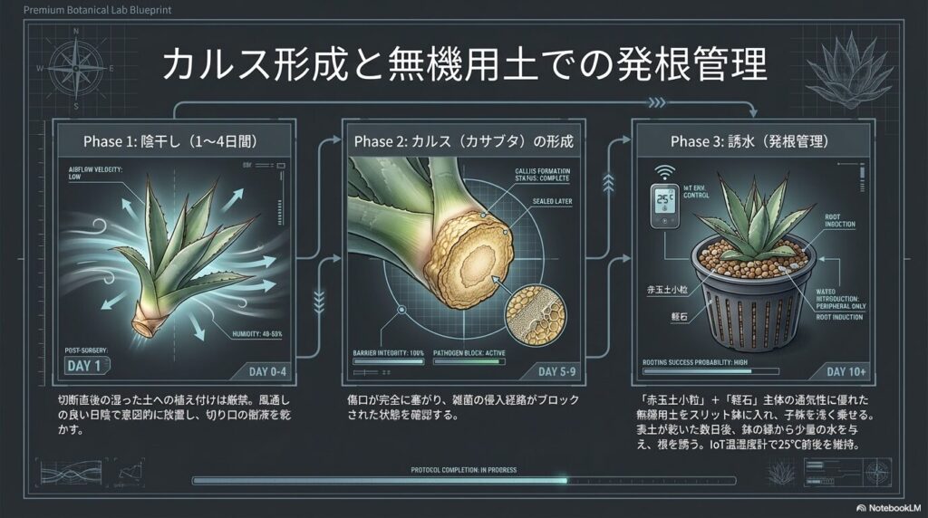 切り離したアガベの子株の陰干しによるカルス形成と赤玉土や軽石を使った発根管理プロセス