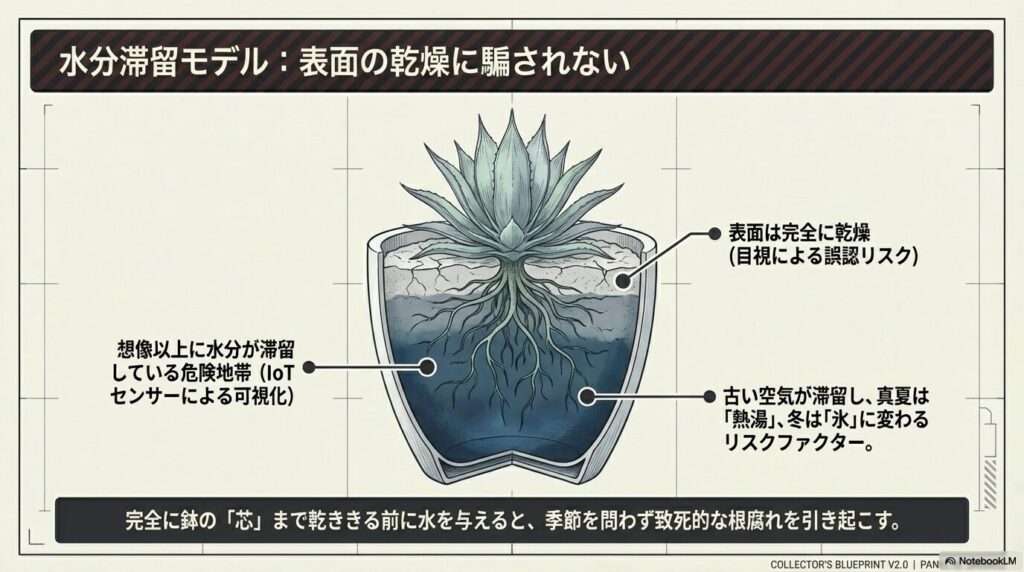 表面の土は乾燥していても、鉢の底に水分と古い空気が滞留している危険地帯をIoTセンサーで可視化した図解