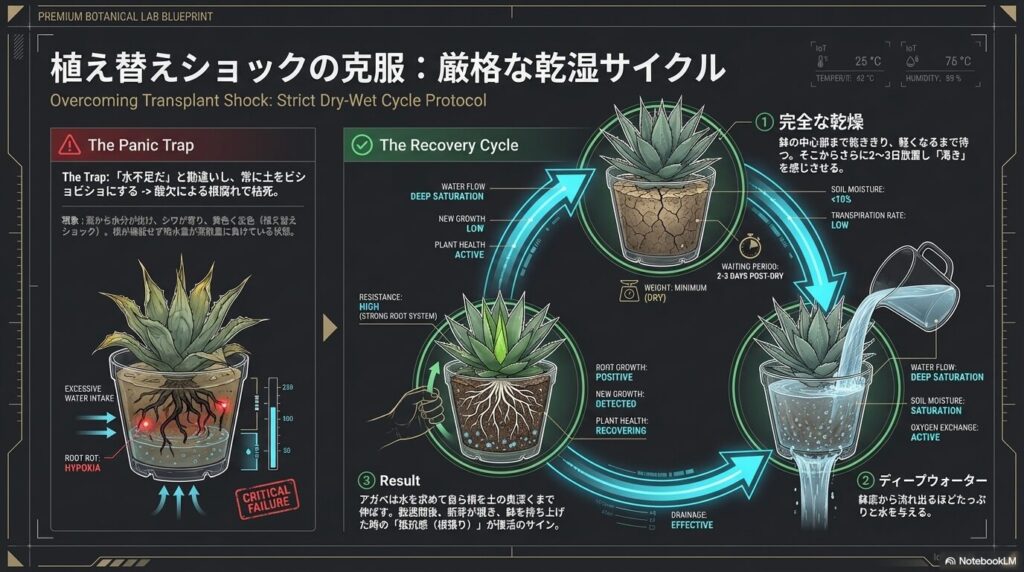 アガベの子株の植え替えショックを克服するための厳格な乾湿サイクルとディープウォーター