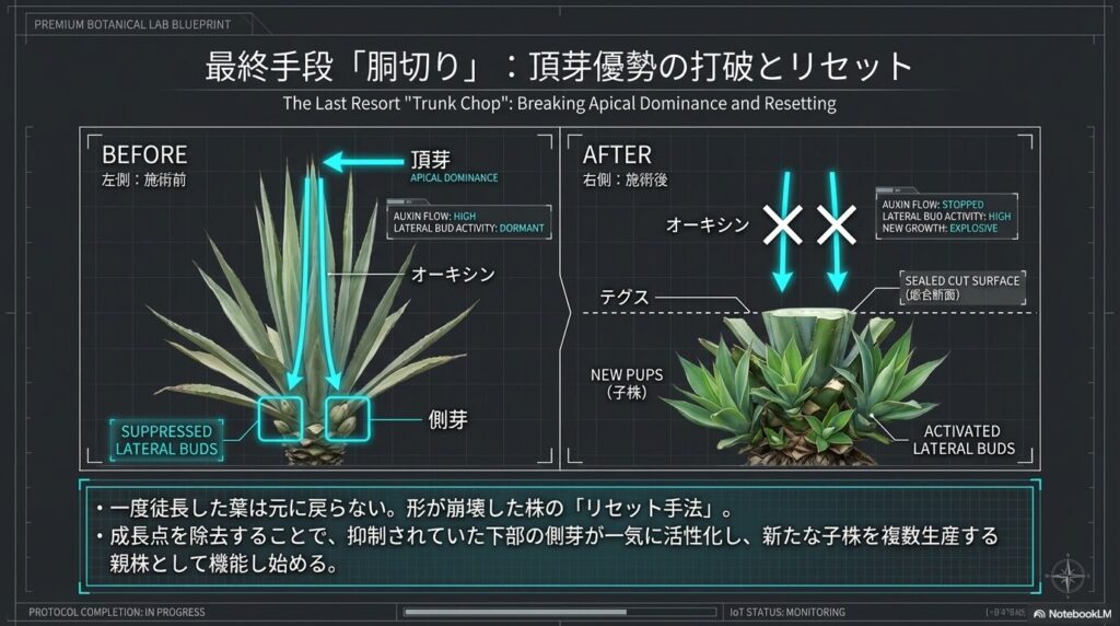 徒長したアガベの頂芽優勢を打破して新たな子株を吹かせるリセット手法の胴切り