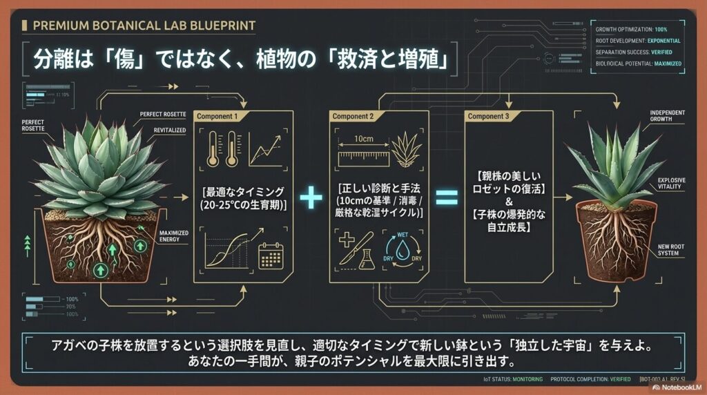 アガベの子株を放置せず適切な時期に分離し親株のロゼットを復活させる救済と増殖のサイクル