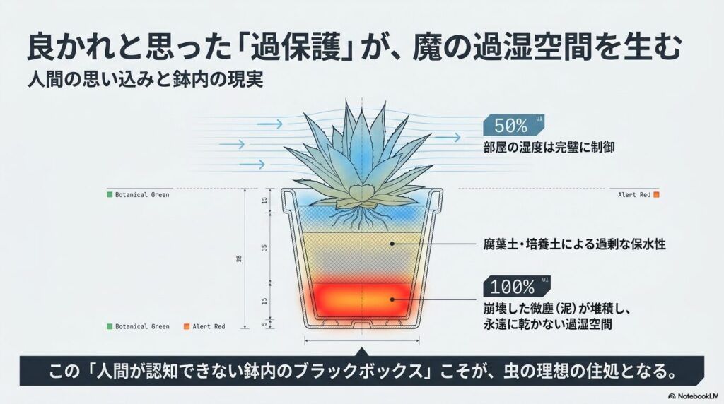 部屋の湿度制御とアガベ鉢内の過湿空間のギャップ