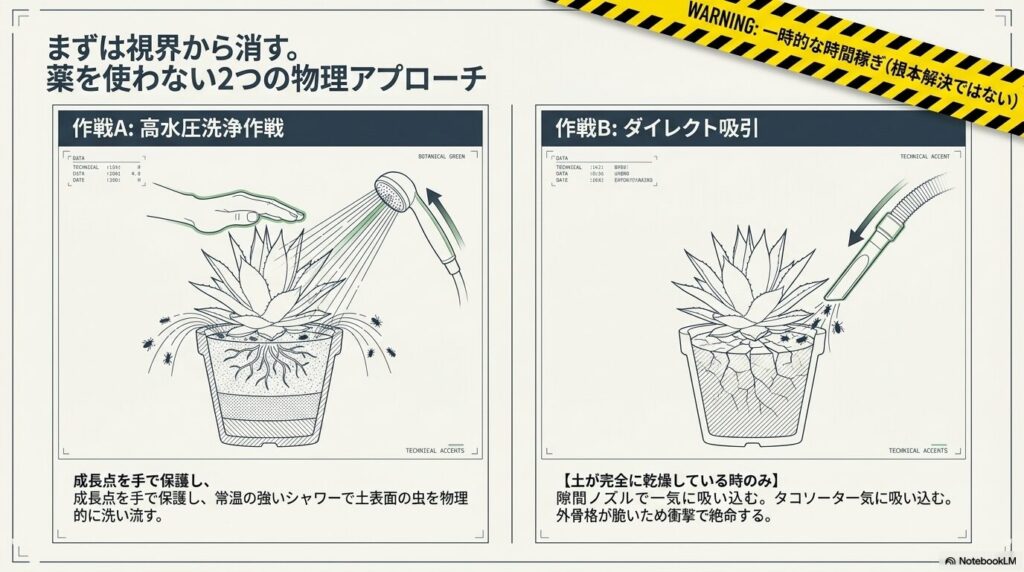 高水圧洗浄と掃除機を使ったアガベのトビムシ物理駆除法