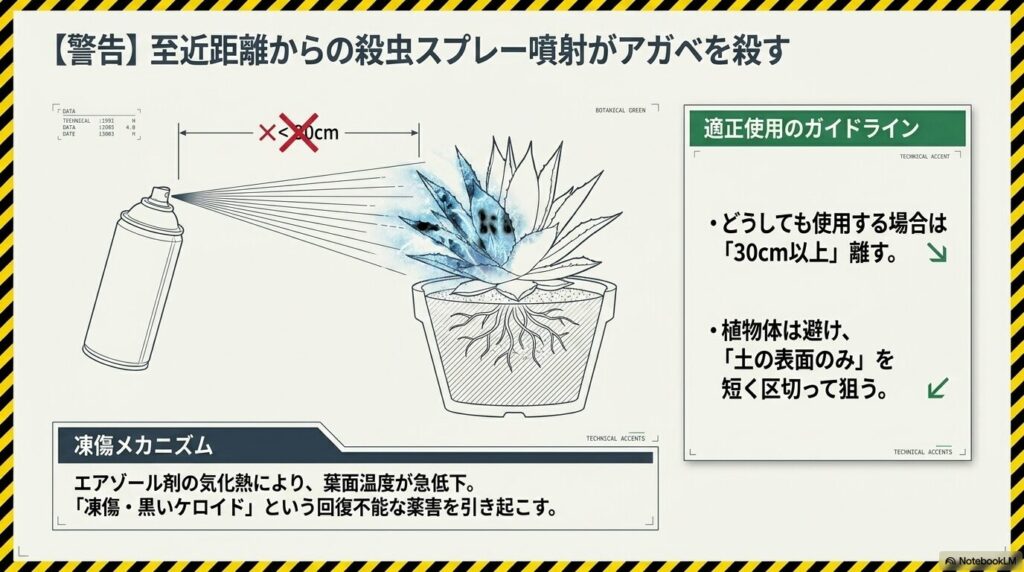 至近距離からのエアゾール殺虫剤噴射によるアガベの凍傷と薬害リスク