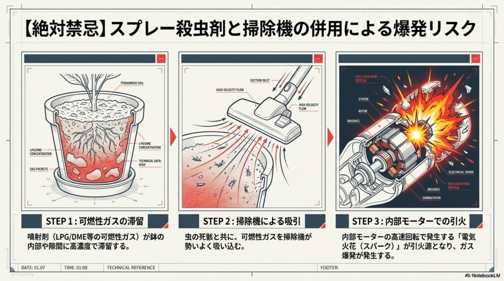 スプレー式殺虫剤と掃除機の併用によるモーターでの引火と爆発メカニズム