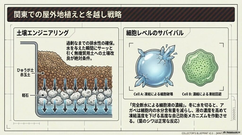 無機質用土による過剰な排水性の確保と、細胞内の水分を抜いて凍結を回避するアガベの冬越しメカニズム