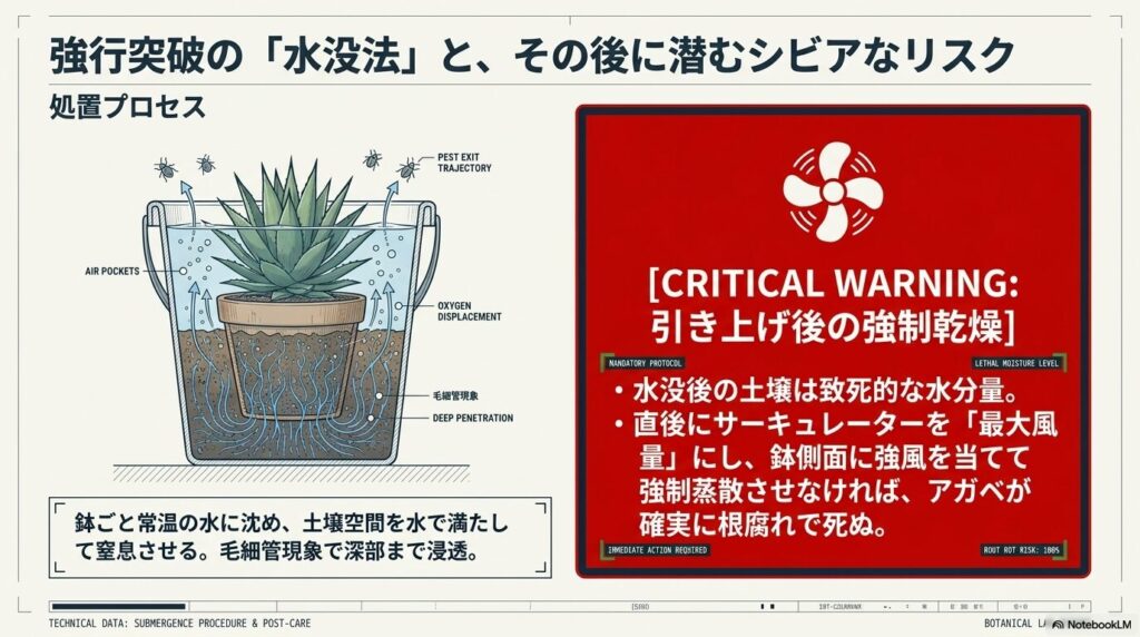 アガベを鉢ごと水に沈める水没法の手順と引き上げ後の強制乾燥プロセス