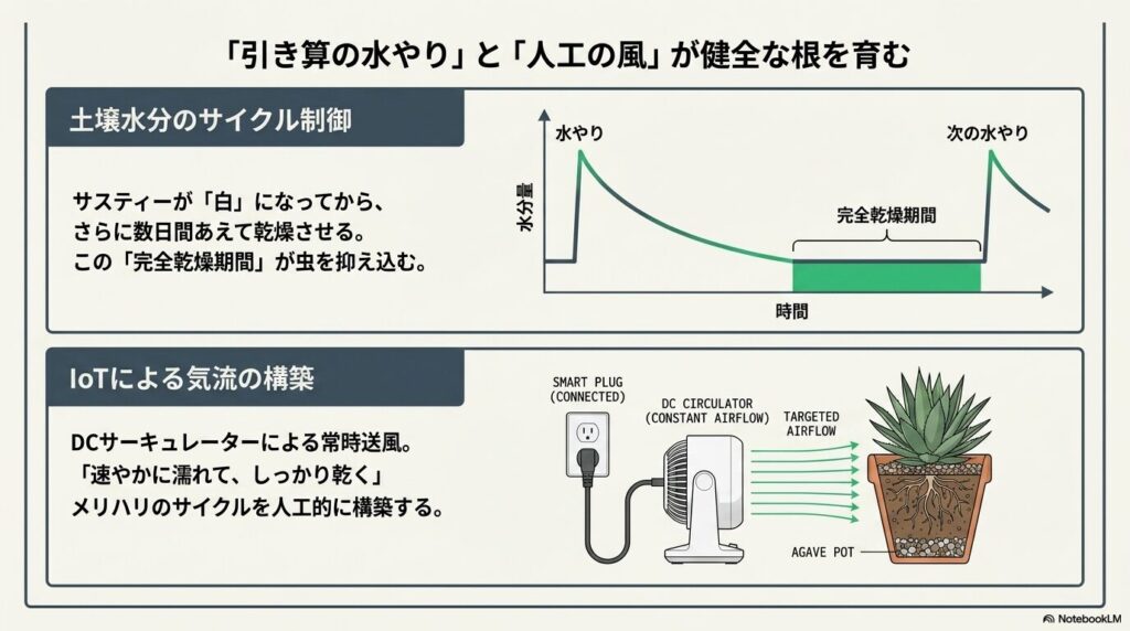 アガベの土壌水分サイクルの完全乾燥期間とサーキュレーターによる気流構築