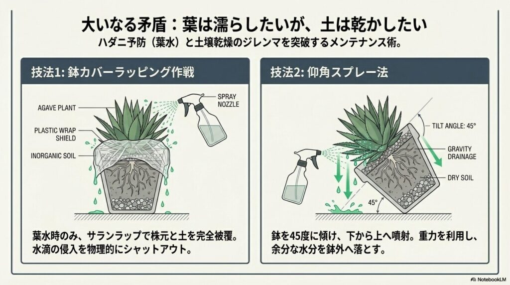 鉢カバーラッピング作戦と仰角スプレー法を用いたアガベの葉水テクニック