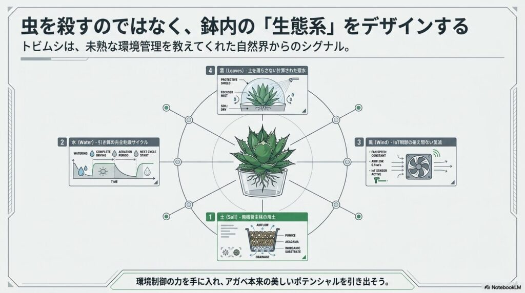 土、水、風、葉を総合的に管理するアガベ鉢内の生態系デザイン