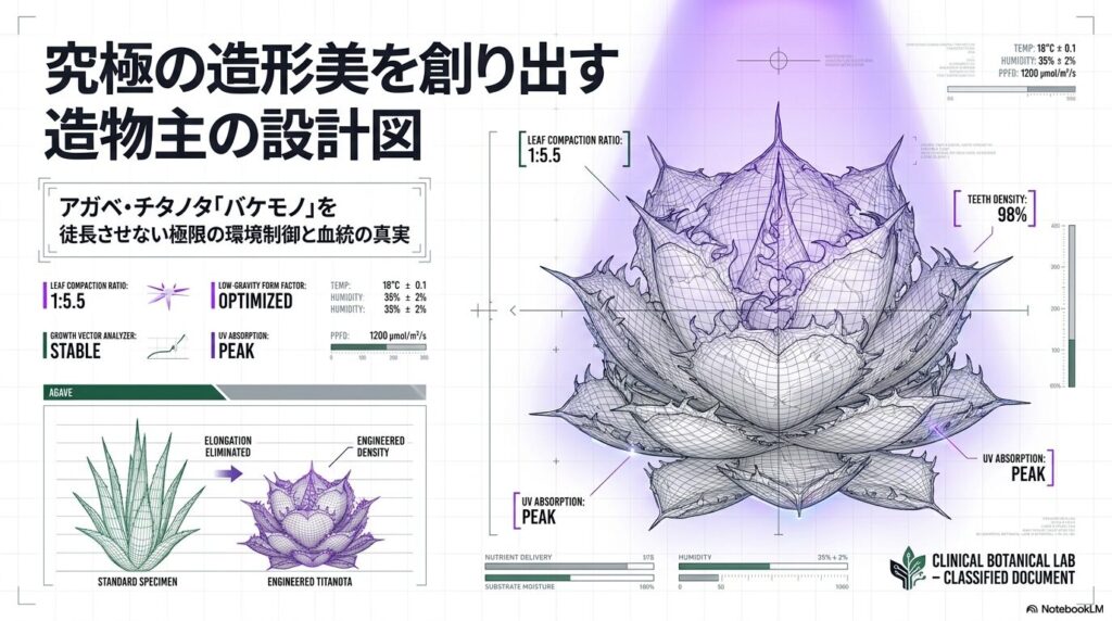 アガベ・チタノタの標準個体と人工的に環境制御されたバケモノ個体の形態比較図