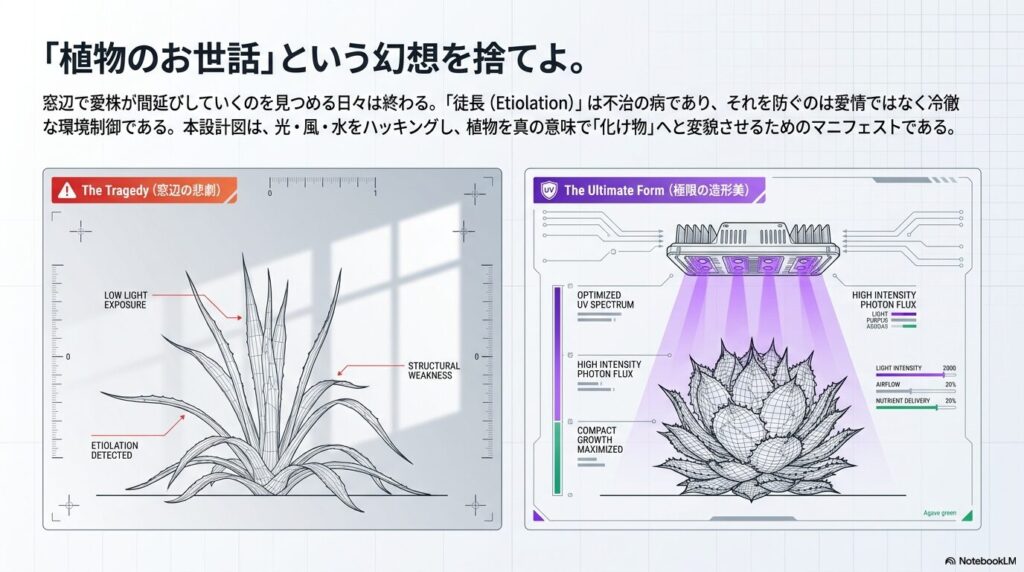 光量不足による徒長したアガベと専用LED環境下で極限の造形美を持ったアガベの比較図