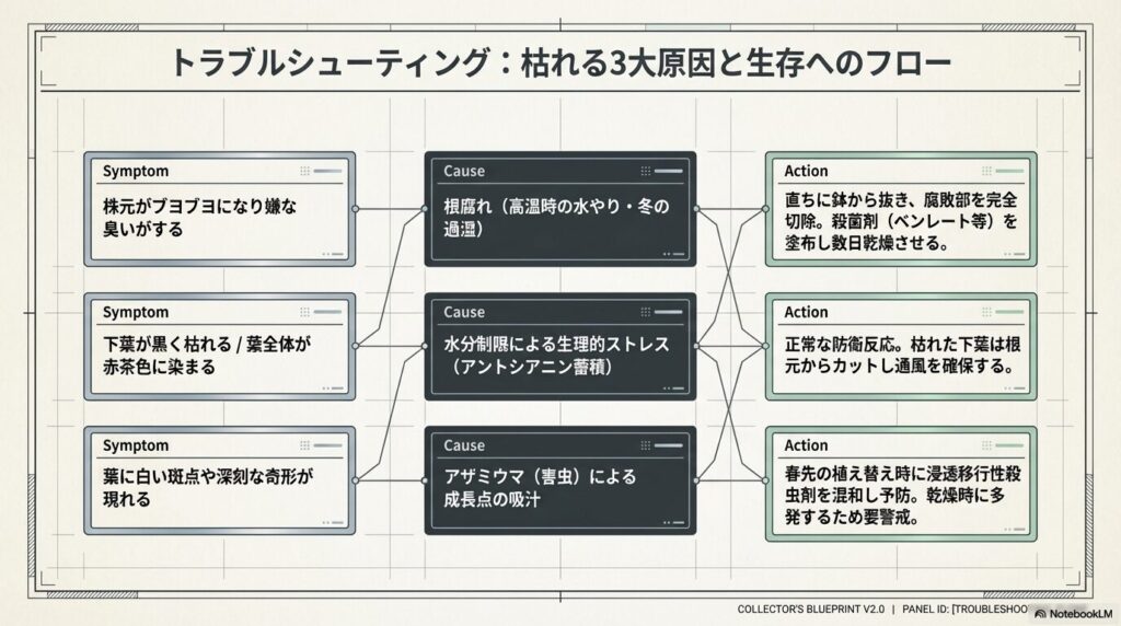 根腐れ、水分ストレスによる下葉の枯れ、アザミウマによる吸汁被害というアガベが枯れる3大原因と具体的な対策フロー
