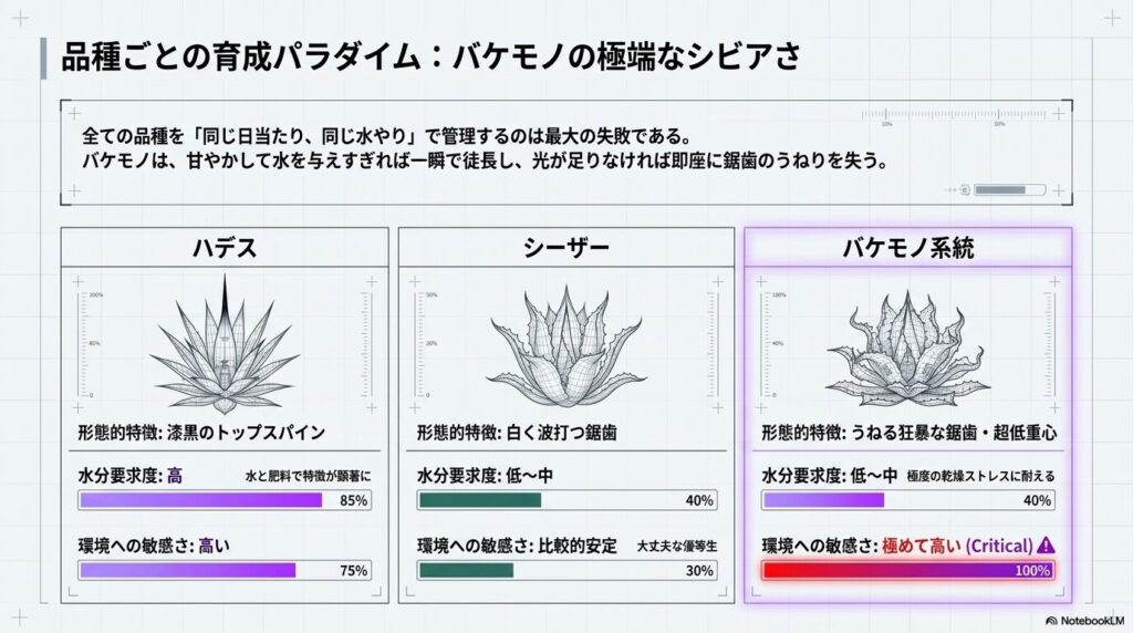 ハデス、シーザー、バケモノ系統における水分要求度と環境への敏感さの比較表