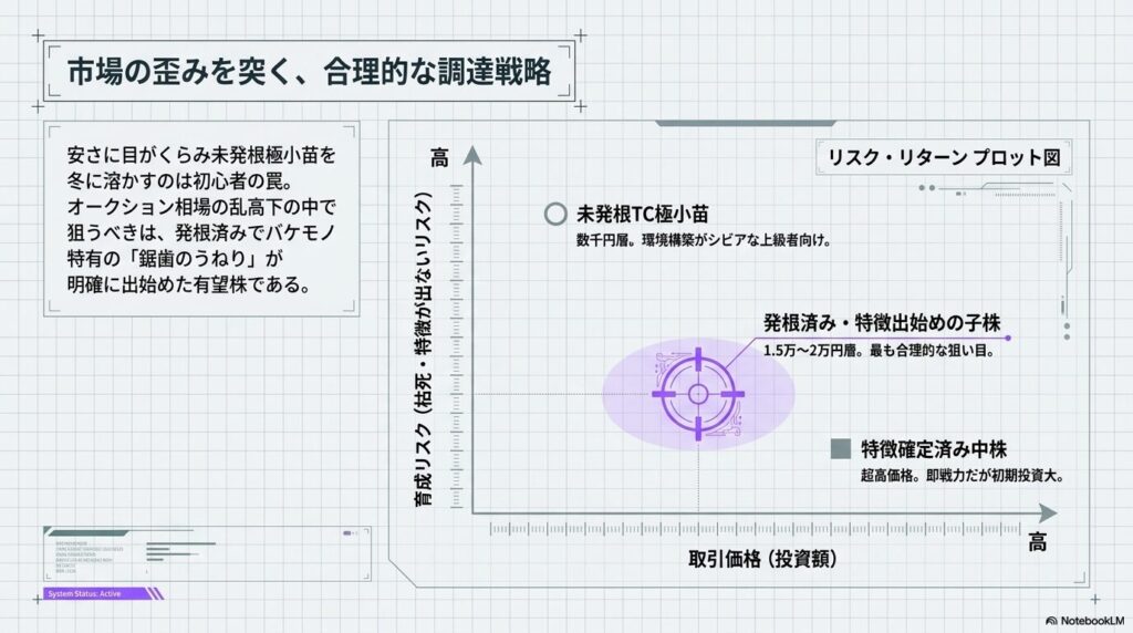 アガベ未発根TC極小苗と発根済み子株、特徴確定済み中株のリスクと取引価格のプロット図
