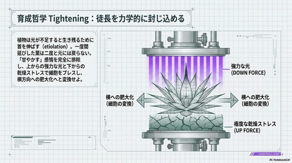 強力な光と極度な乾燥ストレスによってアガベの細胞を横へ肥大化させる力学的育成モデル