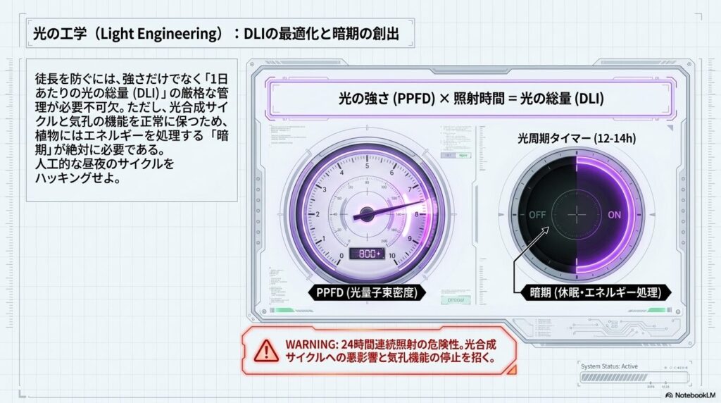 光量子束密度（PPFD）と光周期タイマーを用いた1日あたりの光の総量（DLI）最適化の図解