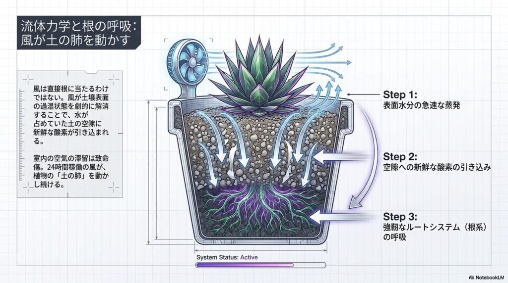 サーキュレーターの風が土の表面水分を蒸発させ新鮮な酸素を引き込む流体力学のメカニズム