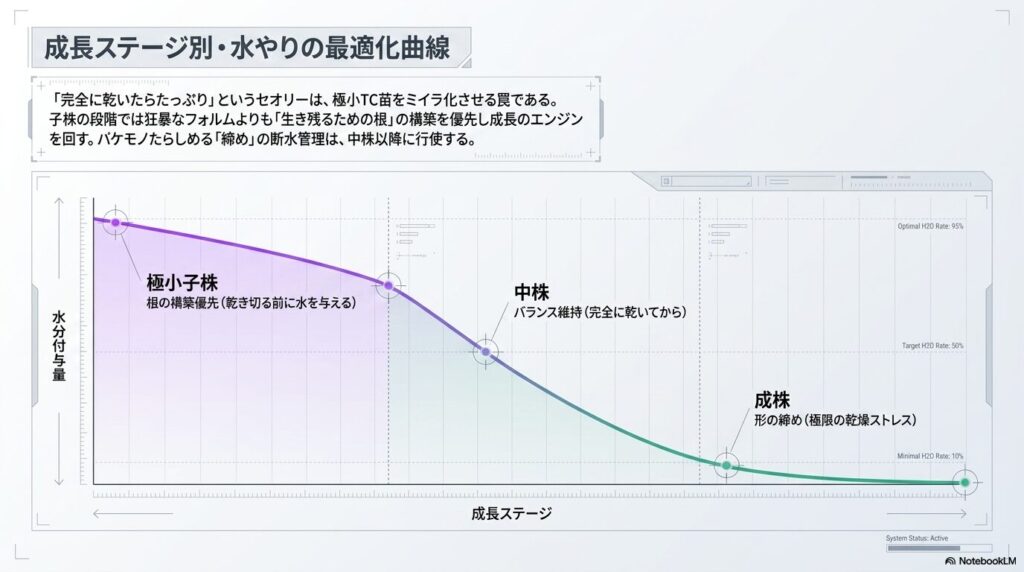アガベの極小子株から中株、成株へと成長する段階ごとの水分付与量を示す最適化曲線