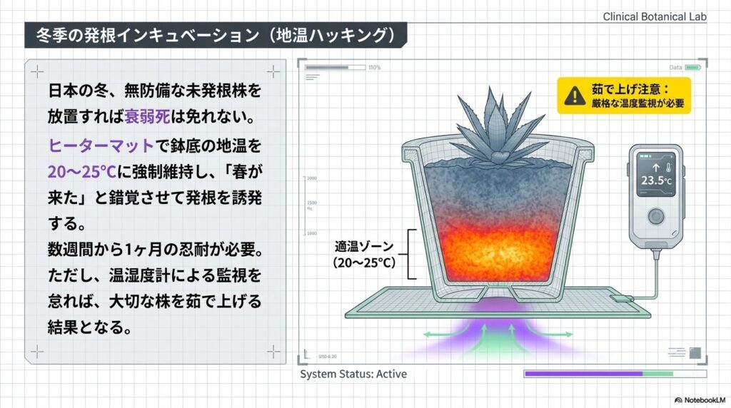 冬季にヒーターマットを使用して鉢底の地温を20度から25度に維持する発根管理の解説図