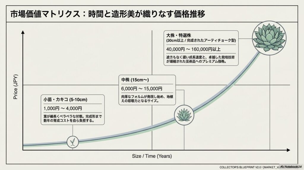 サイズの成長と造形美の完成度に伴って、アガベ小苗から大株・特選株へと価格が跳ね上がる市場価値推移グラフ