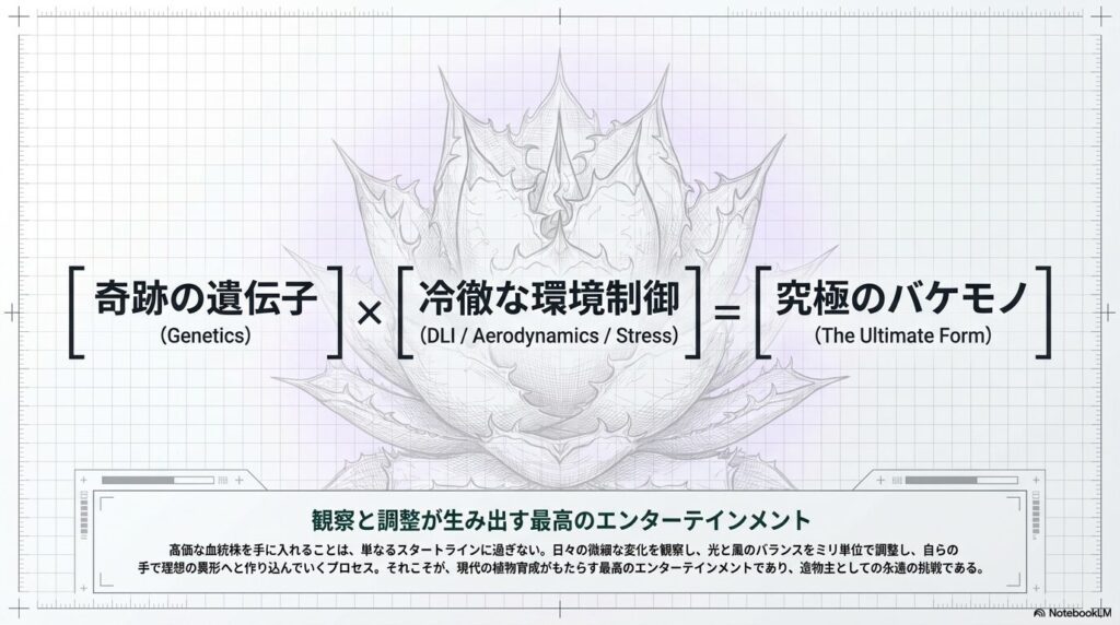 奇跡の遺伝子と冷徹な環境制御の掛け合わせによって生まれる究極のアガベのバケモノの概念図