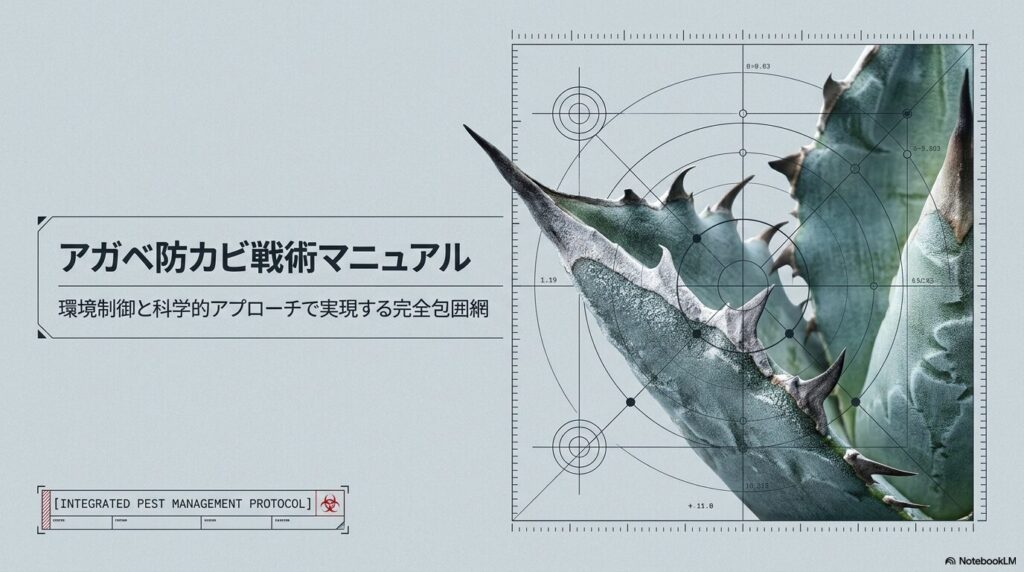 アガベ防カビ戦術マニュアルの表紙。精密なアガベの葉のクローズアップ画像。