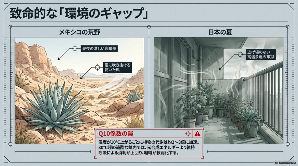 日本のベランダにおける高温多湿環境とメキシコの乾燥した自生地の比較図。