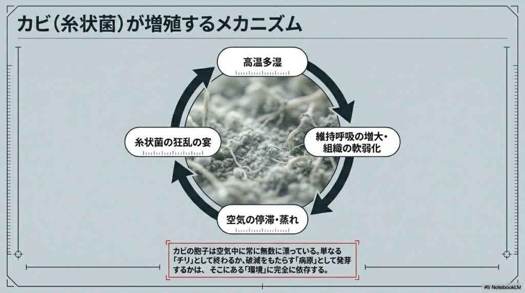 カビ（糸状菌）が増殖するメカニズムを示すサイクル図。