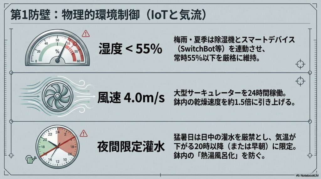 湿度55パーセント以下の維持、風速4.0m/sの気流、夜間限定灌水を示す物理的環境制御の図解。