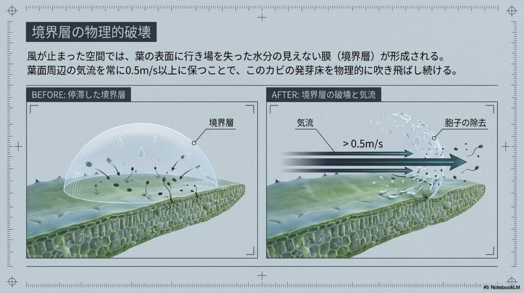 サーキュレーターの気流（0.5m/s以上）による葉面境界層の物理的破壊メカニズム。