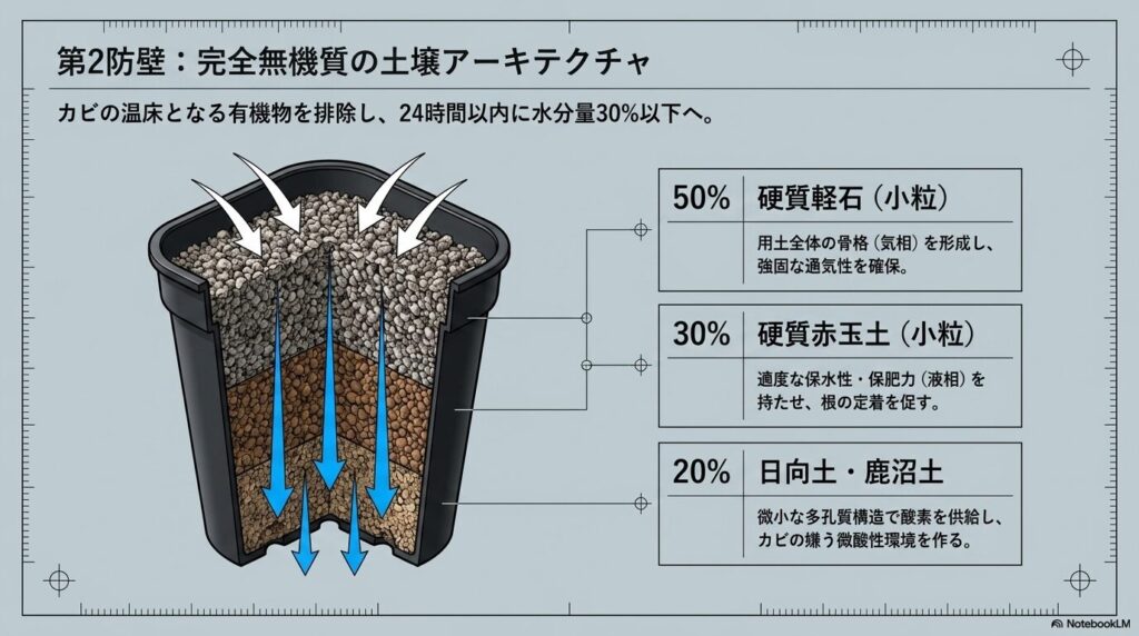硬質軽石50パーセント、硬質赤玉土30パーセント、日向土20パーセントを配合した完全無機質の土壌アーキテクチャ図。