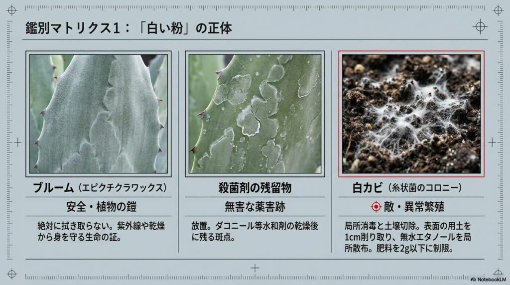 アガベのブルーム（ワックス）、殺菌剤の薬害跡、土壌の白カビを比較する鑑別マトリクス。