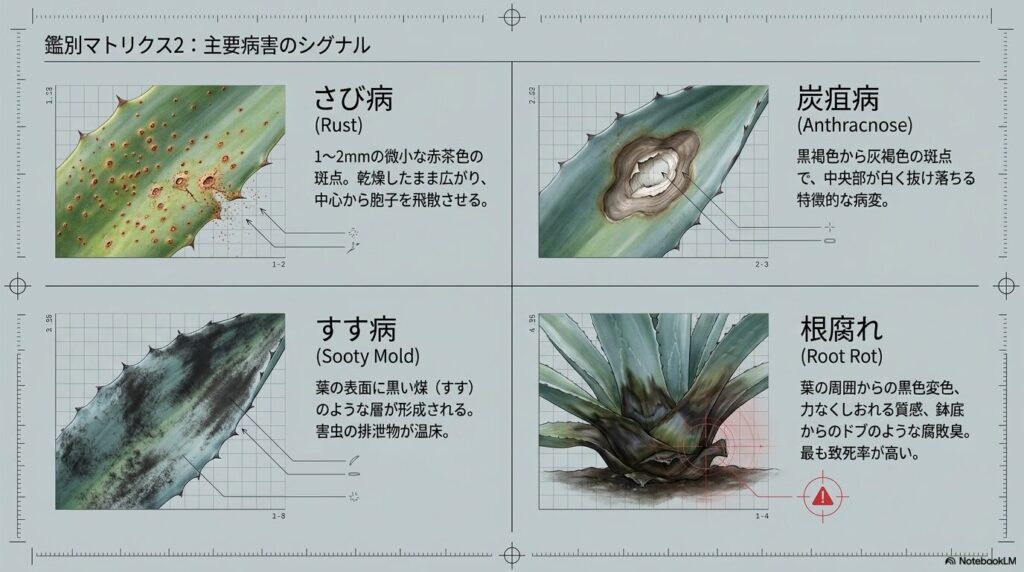 さび病、炭疽病、すす病、根腐れの初期症状と病変をイラストで解説した鑑別マトリクス。