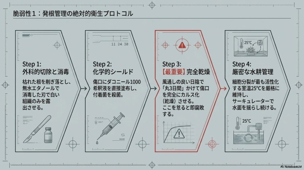 発根管理における切除、殺菌剤消毒、3日間の完全乾燥、水耕管理の4ステップ図解。