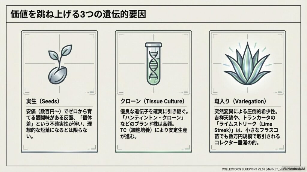 アガベの価格を決定する、種子、組織培養、突然変異の3つの遺伝的要因のアイコン