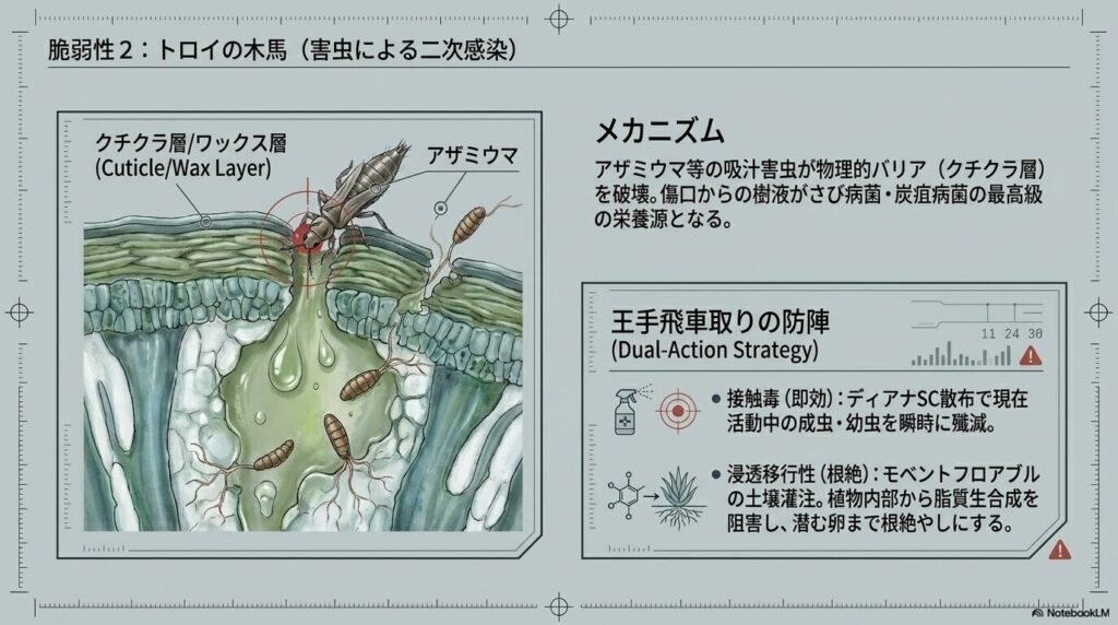 アザミウマがクチクラ層を破壊し、カビの二次感染を招くトロイの木馬メカニズム図解。